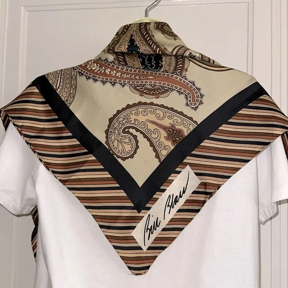 Vintage Bill Blass Brown, Tan, Rust & Cream Paisley Very Large Silk‎ Scarf
